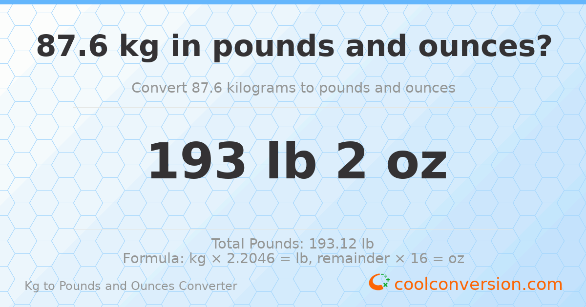 87.6 kg to lbs and oz — 87.6 kg = 193 lb 2 oz
