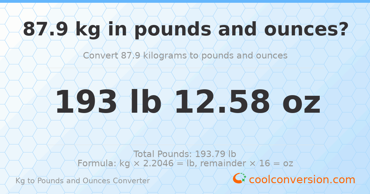 87.9 kg to lbs and oz — 87.9 kg = 193 lb 12.58 oz