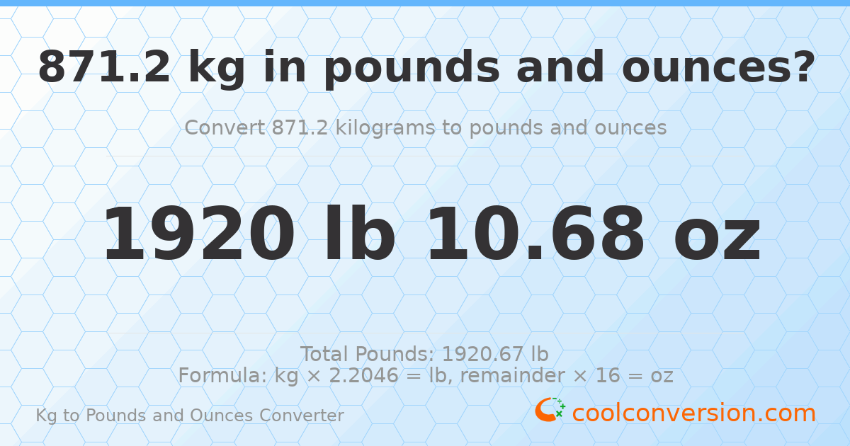 871.2 kg to lbs and oz — 871.2 kg = 1920 lb 10.68 oz