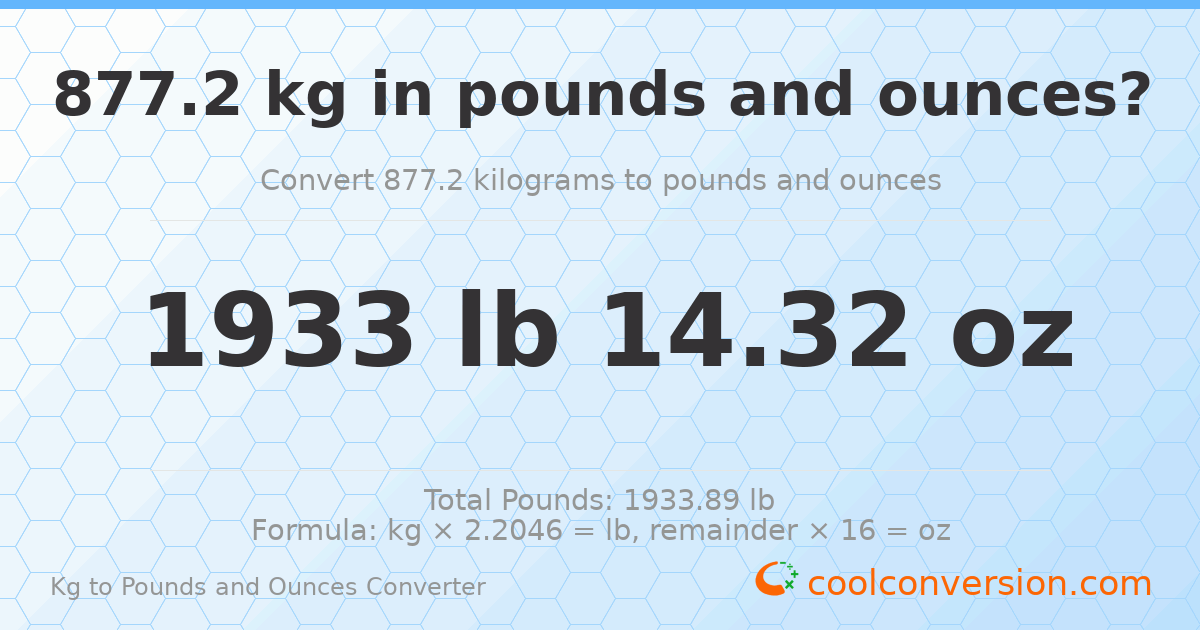 877.2 kg to lbs and oz — 877.2 kg = 1933 lb 14.32 oz