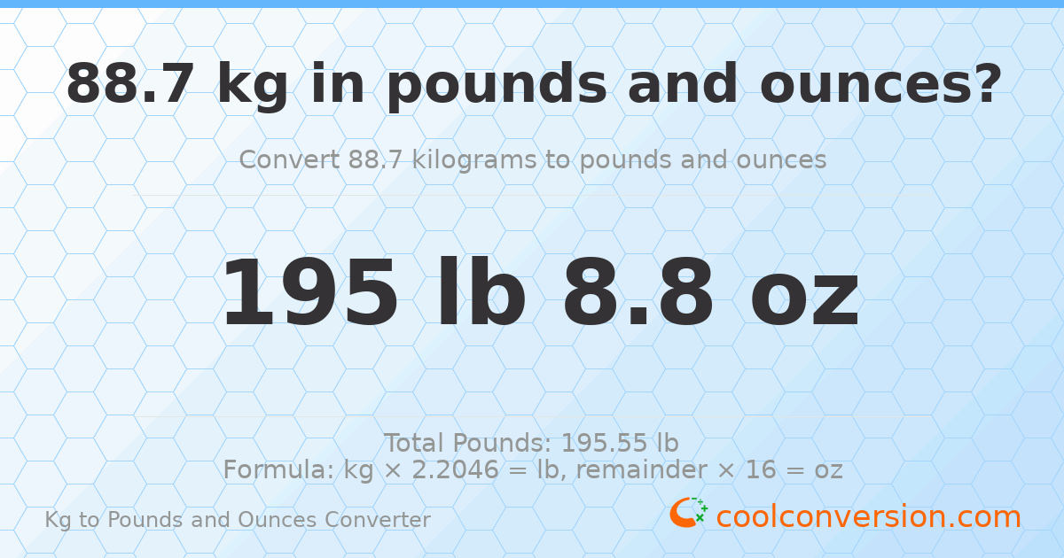 88.7 kg to lbs and oz — 88.7 kg = 195 lb 8.8 oz