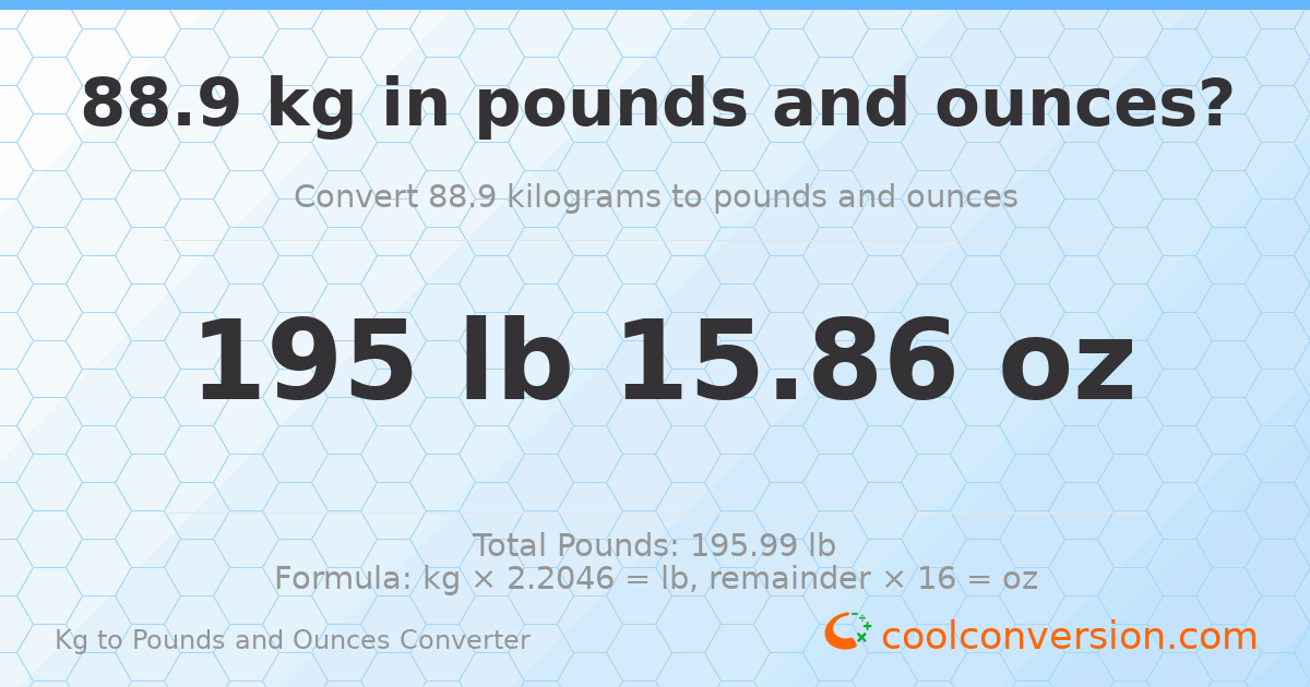 88.9 kg to lbs and oz — 88.9 kg = 195 lb 15.86 oz