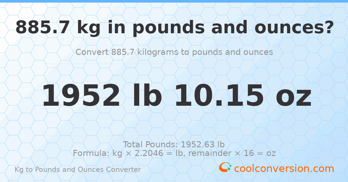 885.7 kg to lbs and oz — 885.7 kg = 1952 lb 10.15 oz