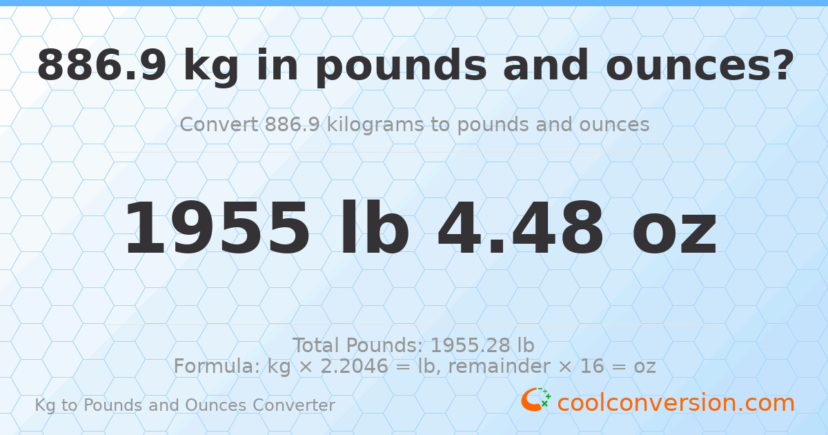 886.9 kg to lbs and oz — 886.9 kg = 1955 lb 4.48 oz