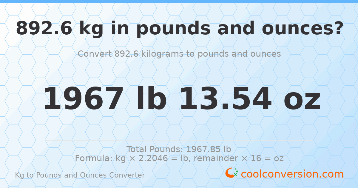 892.6 kg to lbs and oz — 892.6 kg = 1967 lb 13.54 oz