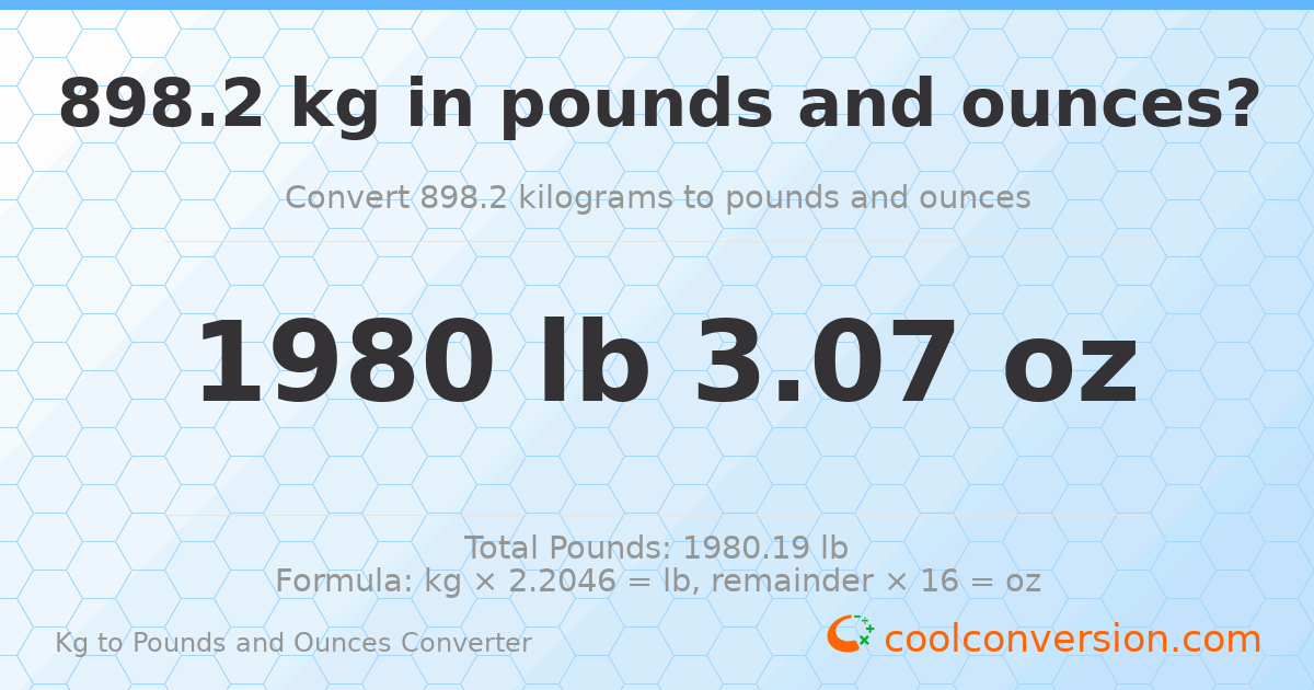 898.2 kg to lbs and oz — 898.2 kg = 1980 lb 3.07 oz
