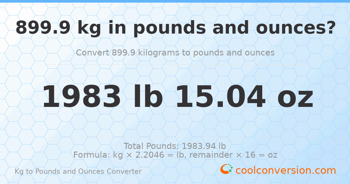 899.9 kg to lbs and oz — 899.9 kg = 1983 lb 15.04 oz