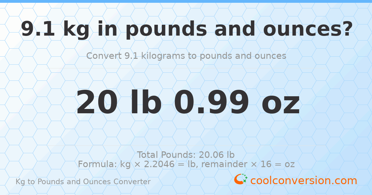 9.1 kg to lbs and oz — 9.1 kg = 20 lb 0.99 oz
