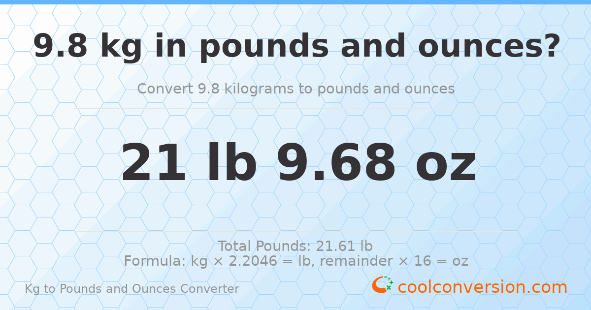 9.8 kg to lbs and oz — 9.8 kg = 21 lb 9.68 oz