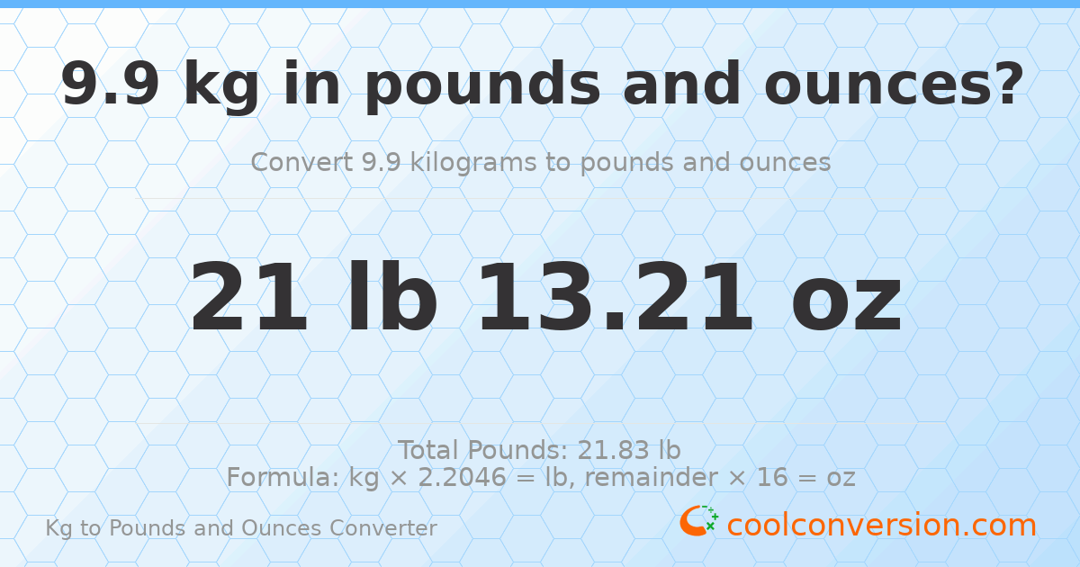 9.9 kg to lbs and oz — 9.9 kg = 21 lb 13.21 oz