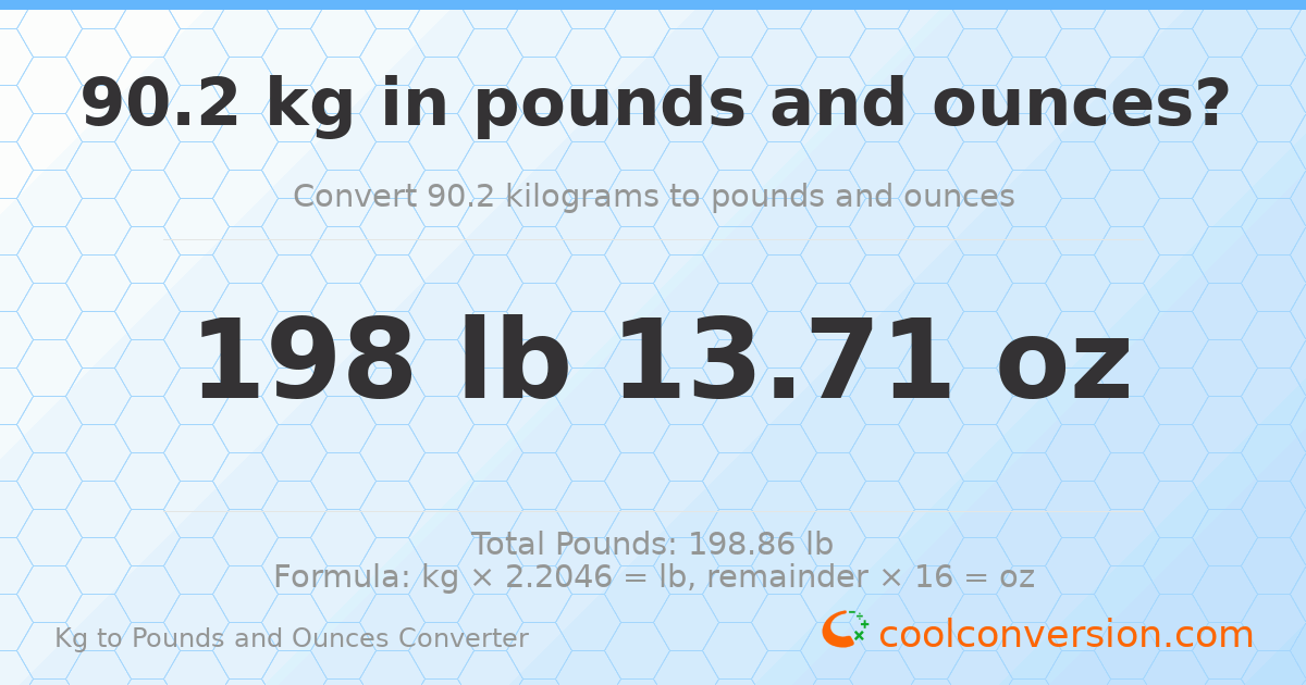 90.2 kg to lbs and oz — 90.2 kg = 198 lb 13.71 oz