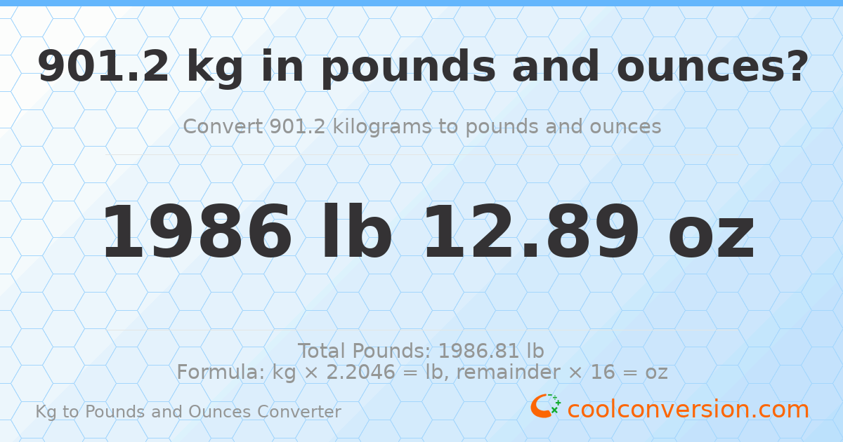 901.2 kg to lbs and oz — 901.2 kg = 1986 lb 12.89 oz