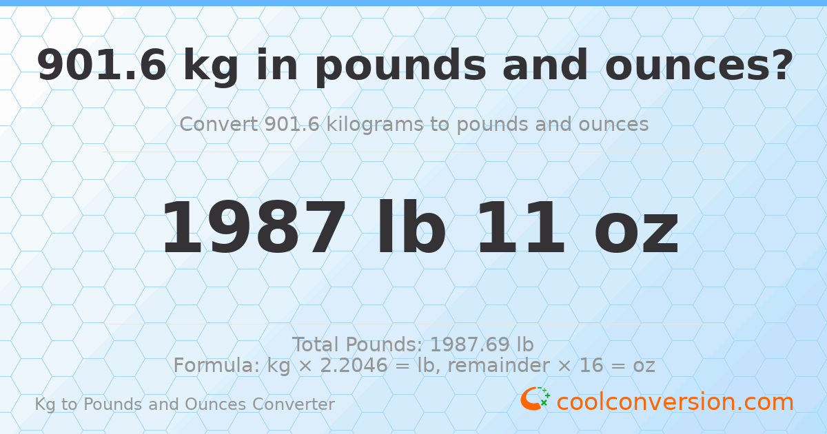 901.6 kg to lbs and oz — 901.6 kg = 1987 lb 11 oz
