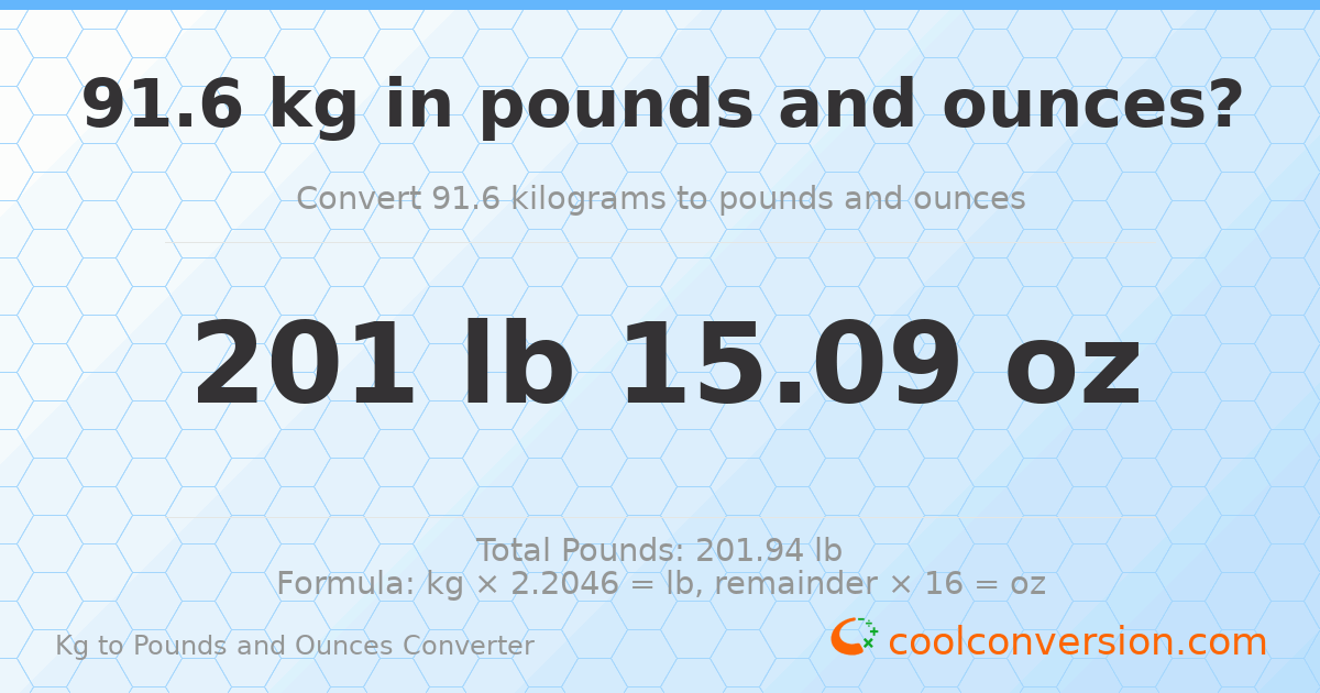 91.6 kg to lbs and oz — 91.6 kg = 201 lb 15.09 oz