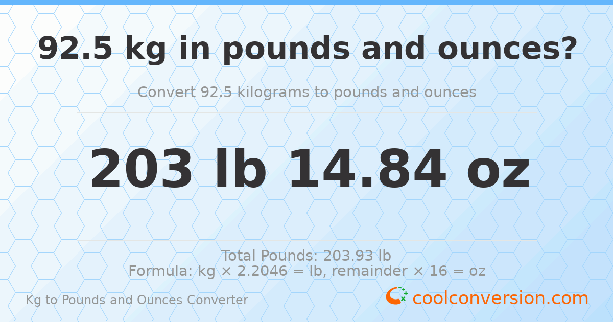 92.5 kg to lbs and oz — 92.5 kg = 203 lb 14.84 oz