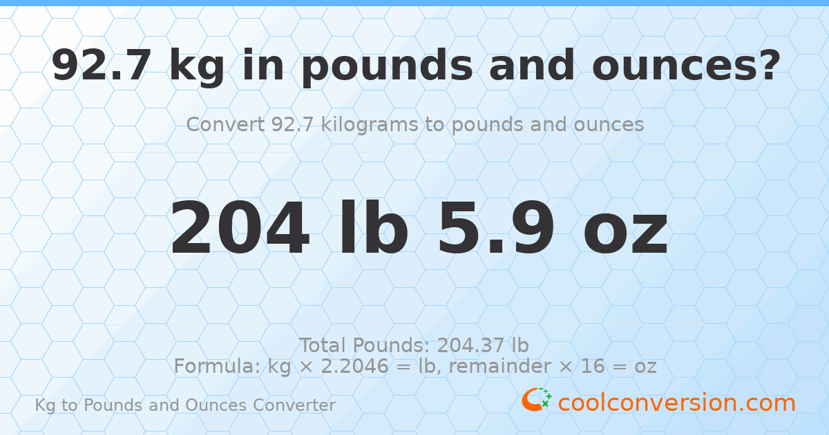 92.7 kg to lbs and oz — 92.7 kg = 204 lb 5.9 oz