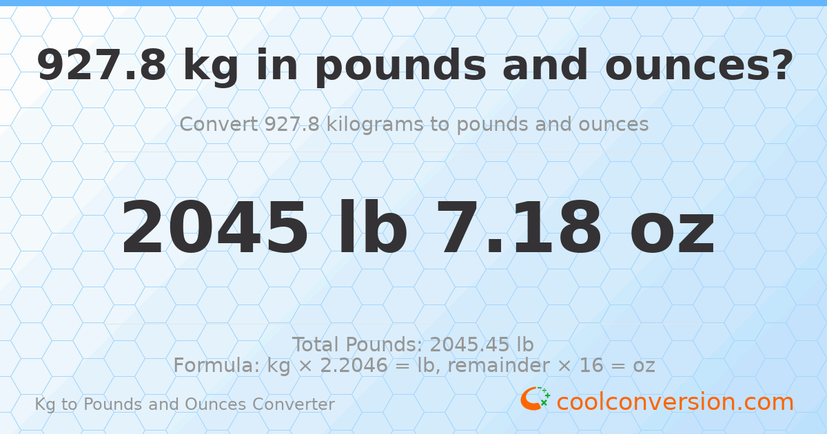 927.8 kg to lbs and oz — 927.8 kg = 2045 lb 7.18 oz