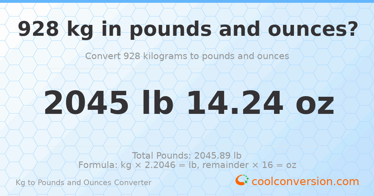 928 kg to lbs and oz — 928 kg = 2045 lb 14.24 oz