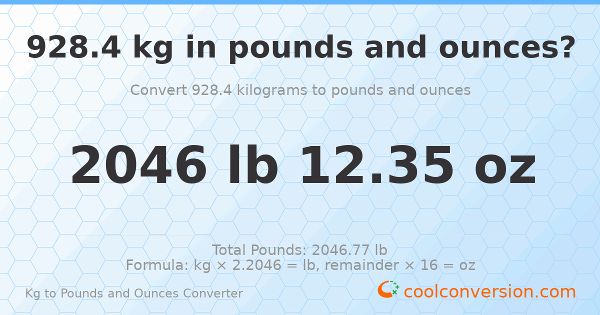 928.4 kg to lbs and oz — 928.4 kg = 2046 lb 12.35 oz