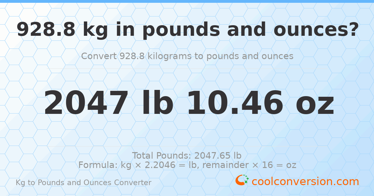 928.8 kg to lbs and oz — 928.8 kg = 2047 lb 10.46 oz