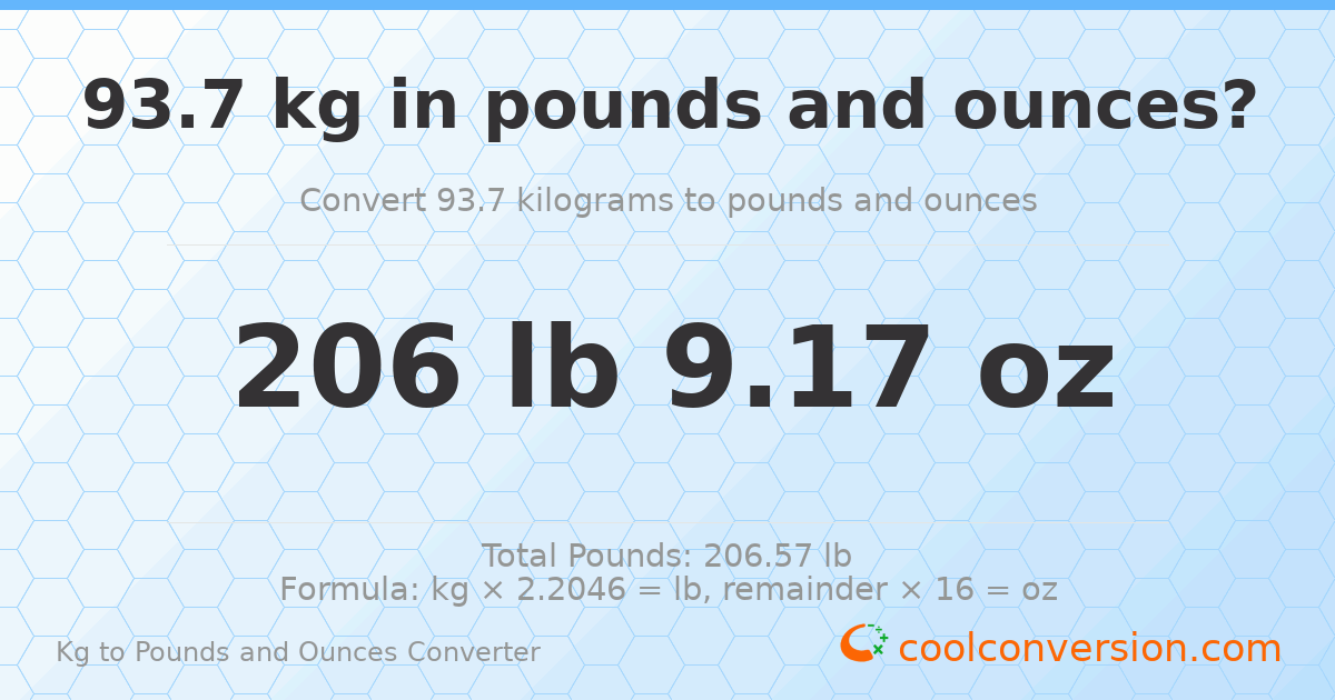 93.7 kg to lbs and oz — 93.7 kg = 206 lb 9.17 oz