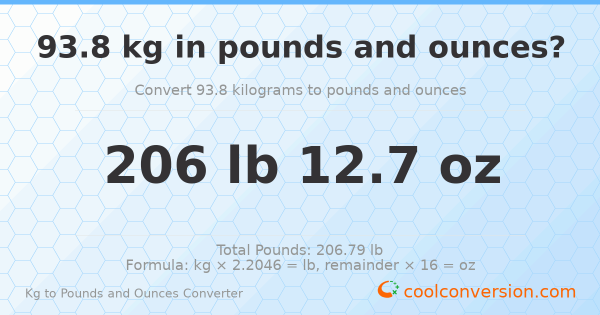 93.8 kg to lbs and oz — 93.8 kg = 206 lb 12.7 oz