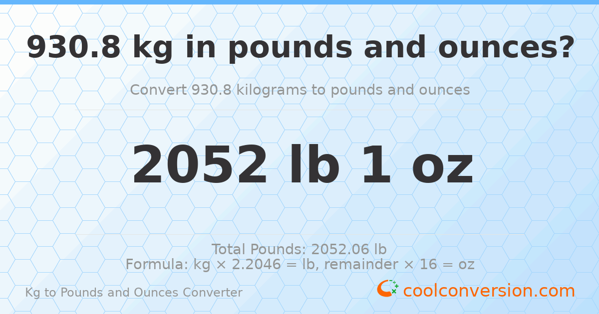 930.8 kg to lbs and oz — 930.8 kg = 2052 lb 1 oz
