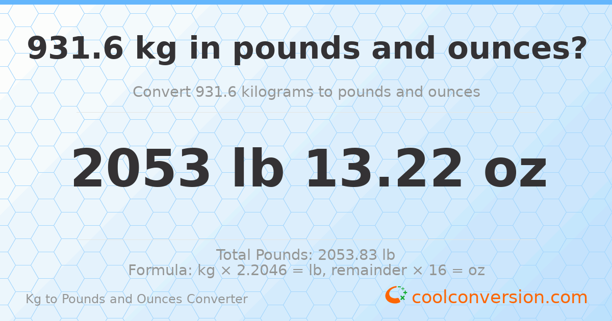 931.6 kg to lbs and oz — 931.6 kg = 2053 lb 13.22 oz