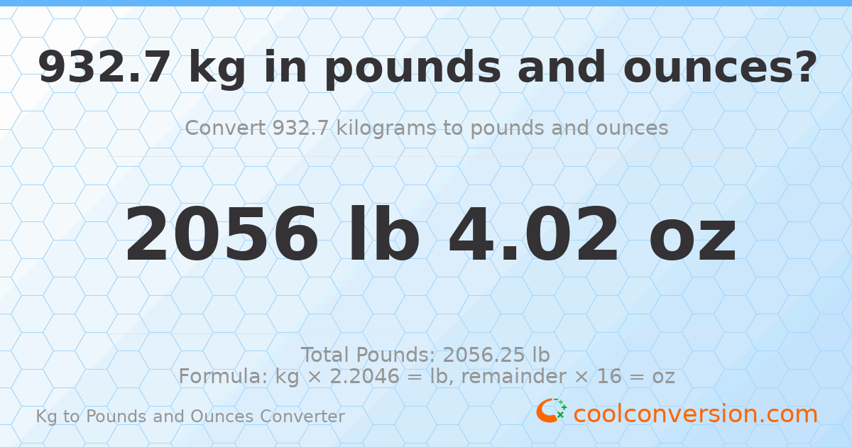 932.7 kg to lbs and oz — 932.7 kg = 2056 lb 4.02 oz