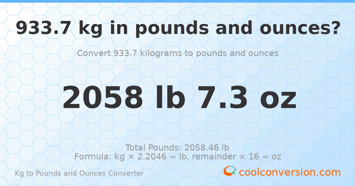 933.7 kg to lbs and oz — 933.7 kg = 2058 lb 7.3 oz
