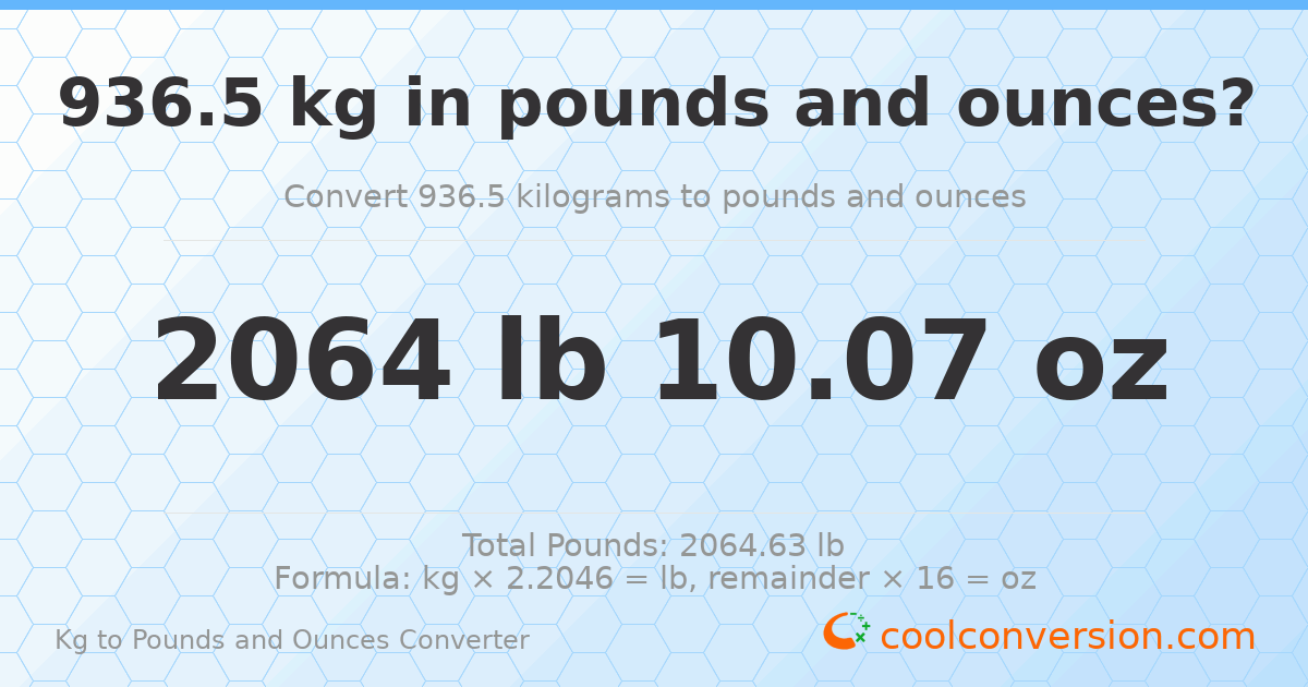 936.5 kg to lbs and oz — 936.5 kg = 2064 lb 10.07 oz