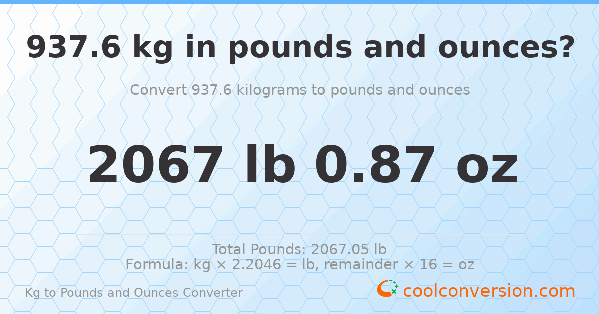 937.6 kg to lbs and oz — 937.6 kg = 2067 lb 0.87 oz