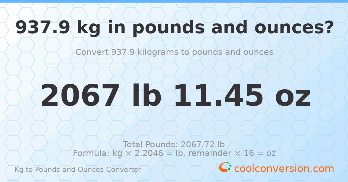 937.9 kg to lbs and oz — 937.9 kg = 2067 lb 11.45 oz