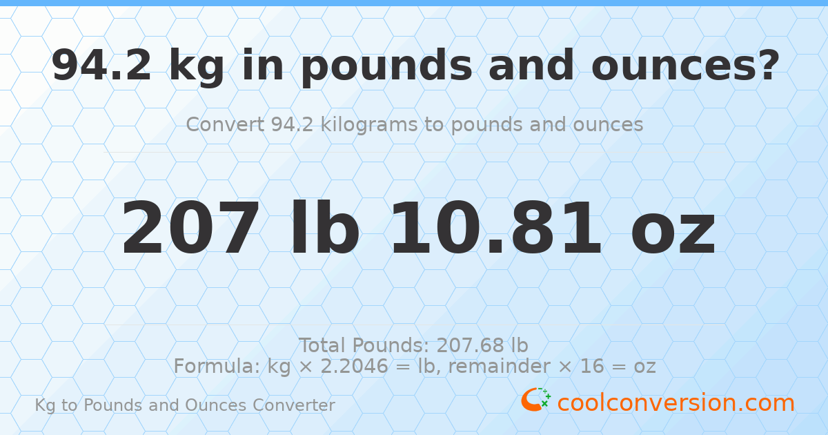94.2 kg to lbs and oz — 94.2 kg = 207 lb 10.81 oz