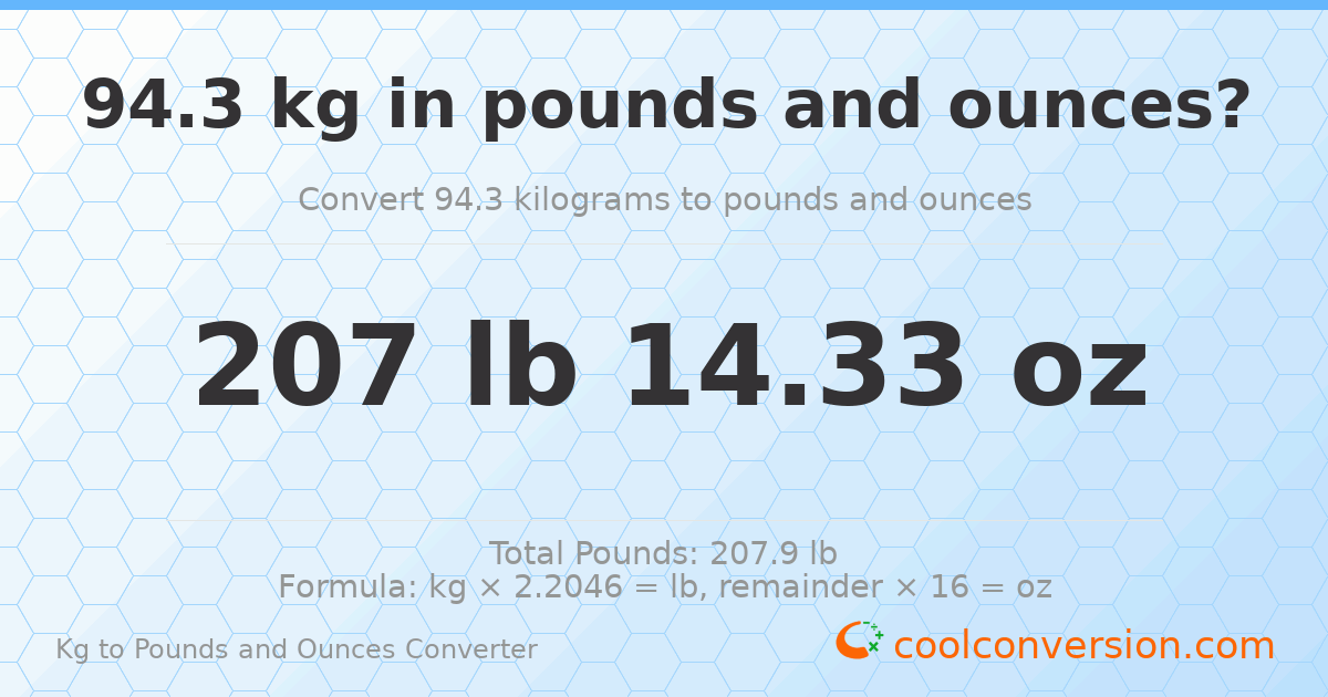 94.3 kg to lbs and oz — 94.3 kg = 207 lb 14.33 oz