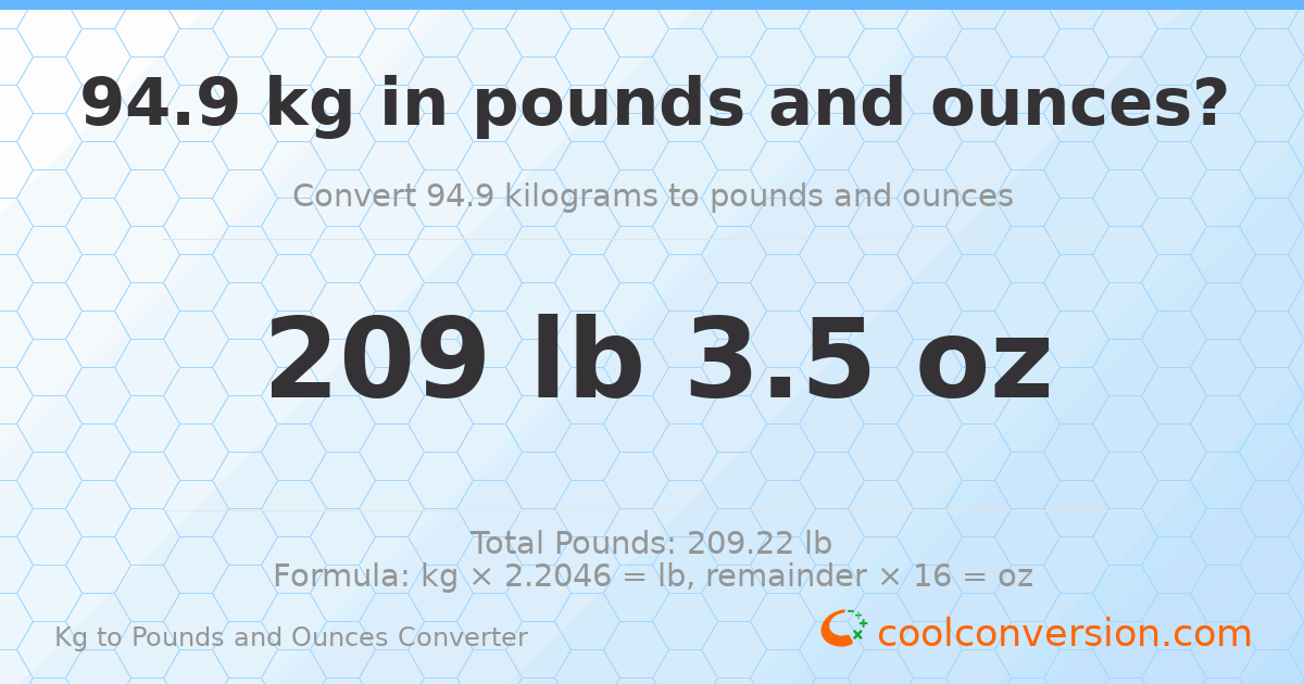 94.9 kg to lbs and oz — 94.9 kg = 209 lb 3.5 oz