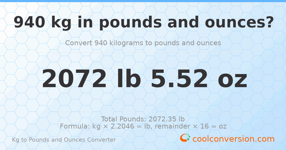 940 kg to lbs and oz — 940 kg = 2072 lb 5.52 oz