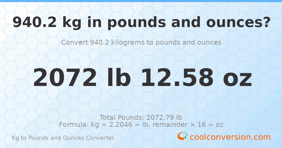 940.2 kg to lbs and oz — 940.2 kg = 2072 lb 12.58 oz