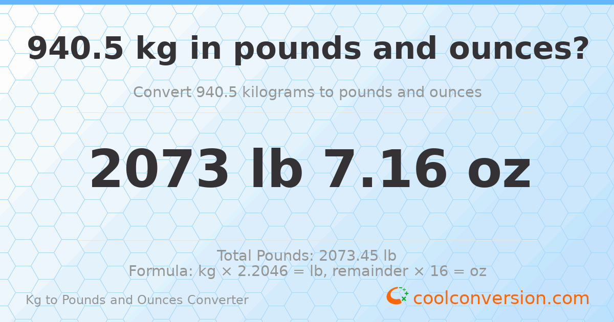 940.5 kg to lbs and oz — 940.5 kg = 2073 lb 7.16 oz