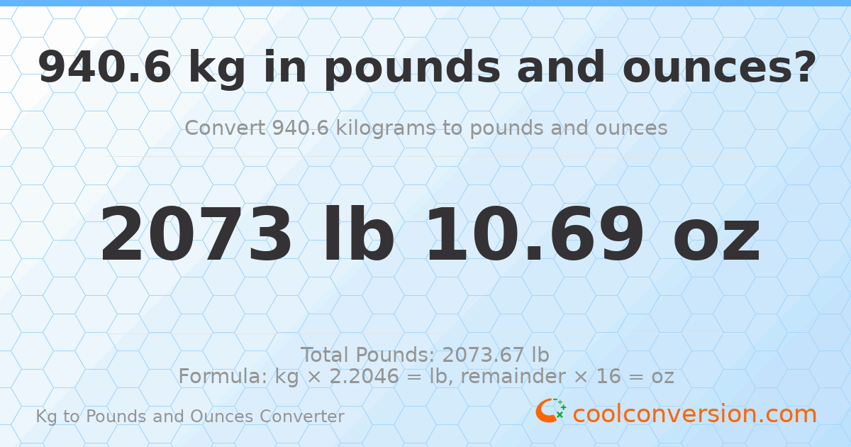 940.6 kg to lbs and oz — 940.6 kg = 2073 lb 10.69 oz