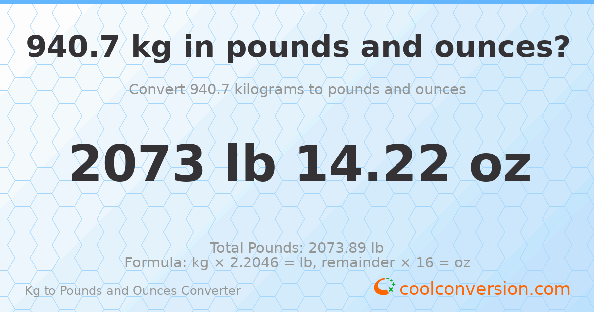 940.7 kg to lbs and oz — 940.7 kg = 2073 lb 14.22 oz