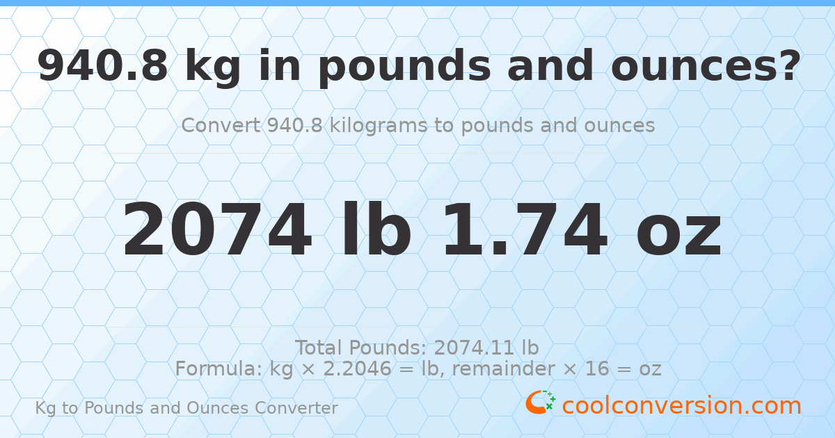 940.8 kg to lbs and oz — 940.8 kg = 2074 lb 1.74 oz