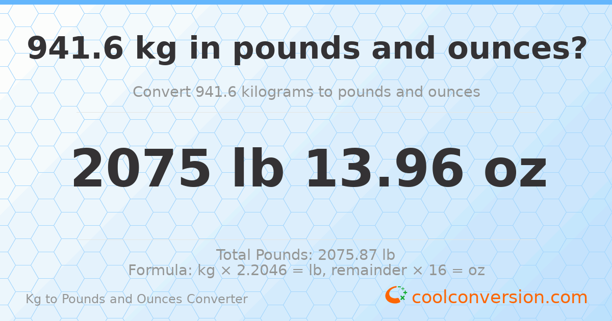 941.6 kg to lbs and oz — 941.6 kg = 2075 lb 13.96 oz