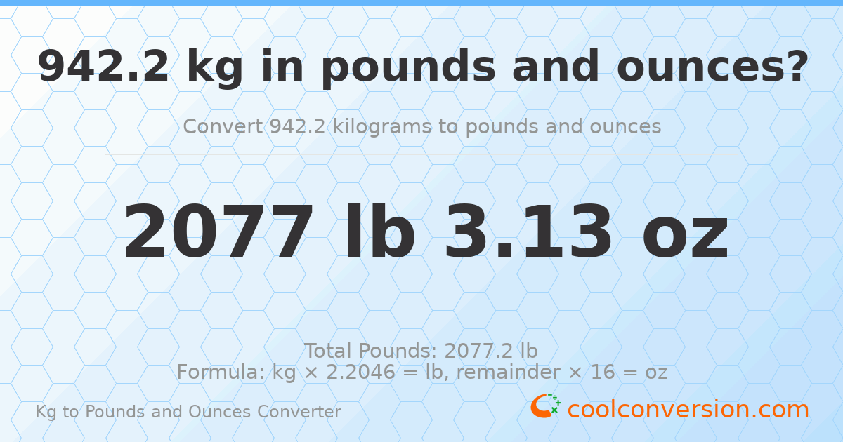 942.2 kg to lbs and oz — 942.2 kg = 2077 lb 3.13 oz