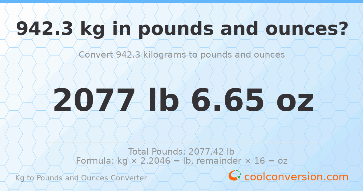 942.3 kg to lbs and oz — 942.3 kg = 2077 lb 6.65 oz