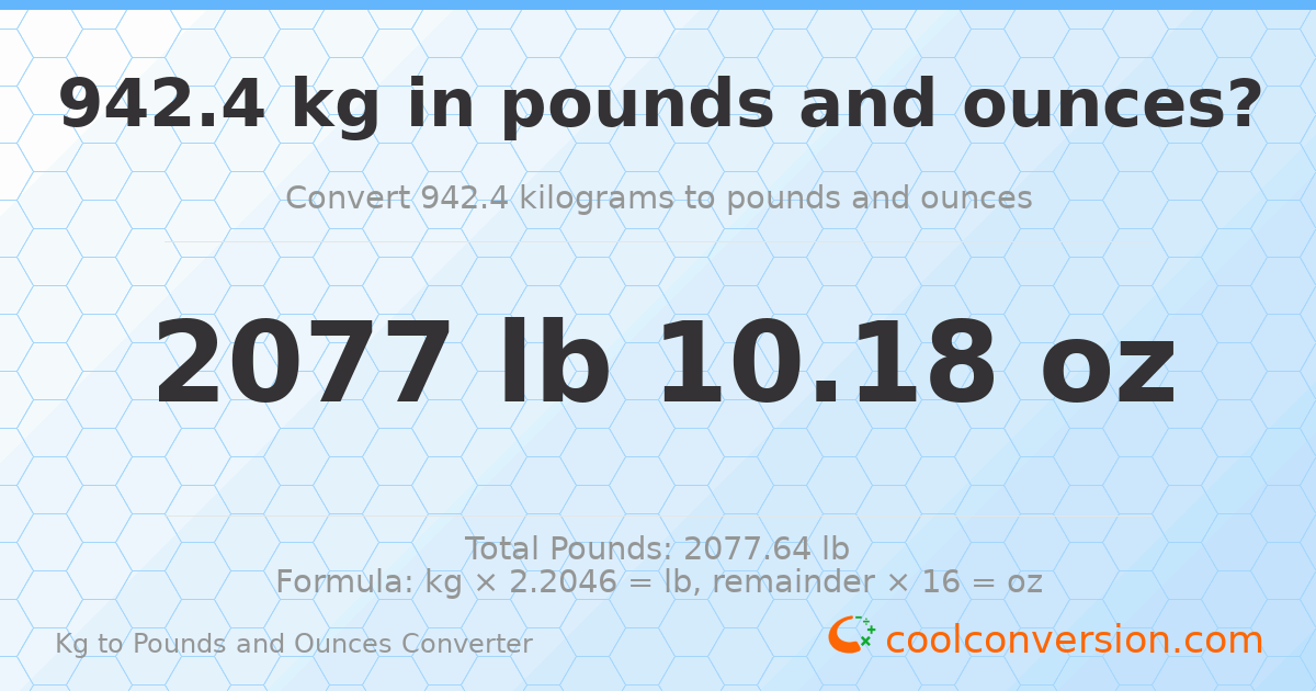 942.4 kg to lbs and oz — 942.4 kg = 2077 lb 10.18 oz