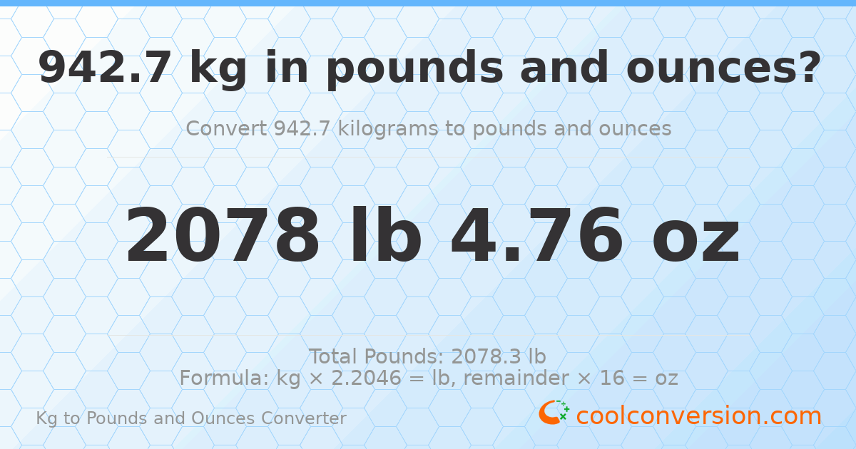 942.7 kg to lbs and oz — 942.7 kg = 2078 lb 4.76 oz