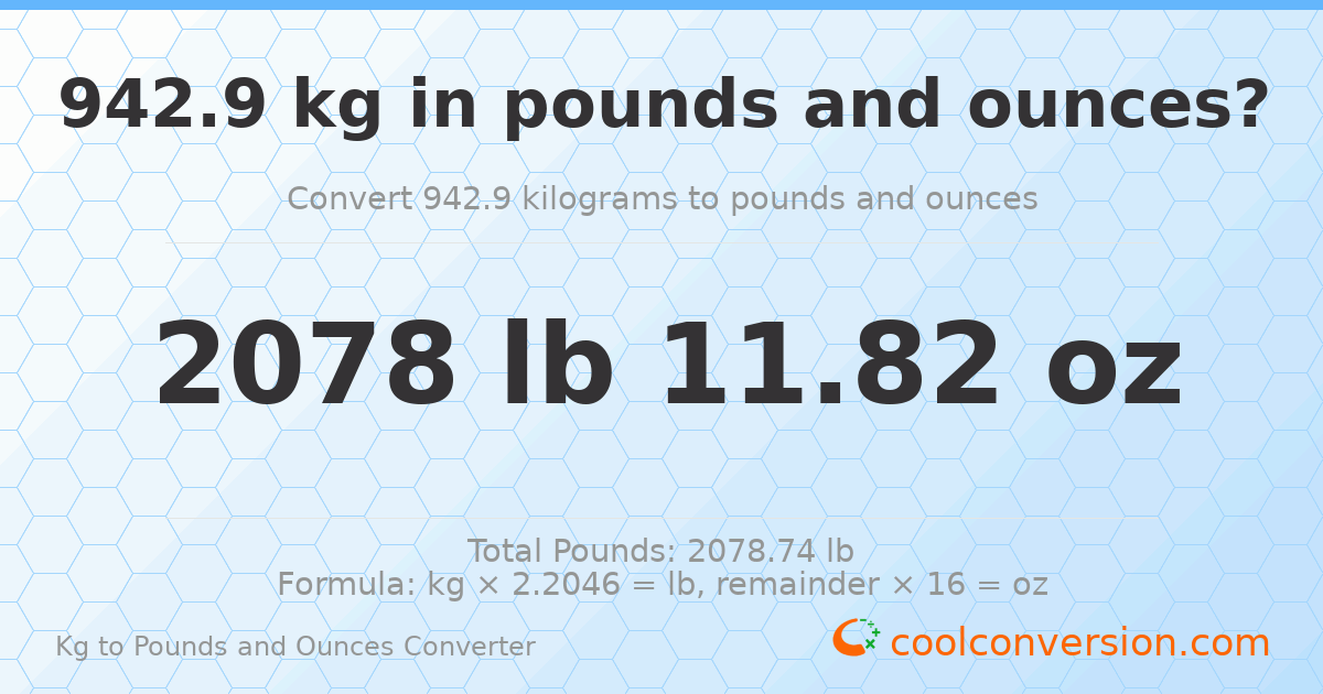 942.9 kg to lbs and oz — 942.9 kg = 2078 lb 11.82 oz