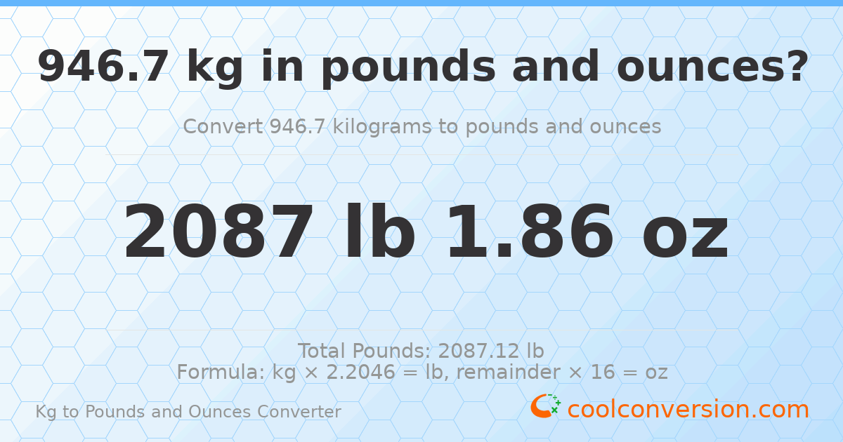 946.7 kg to lbs and oz — 946.7 kg = 2087 lb 1.86 oz