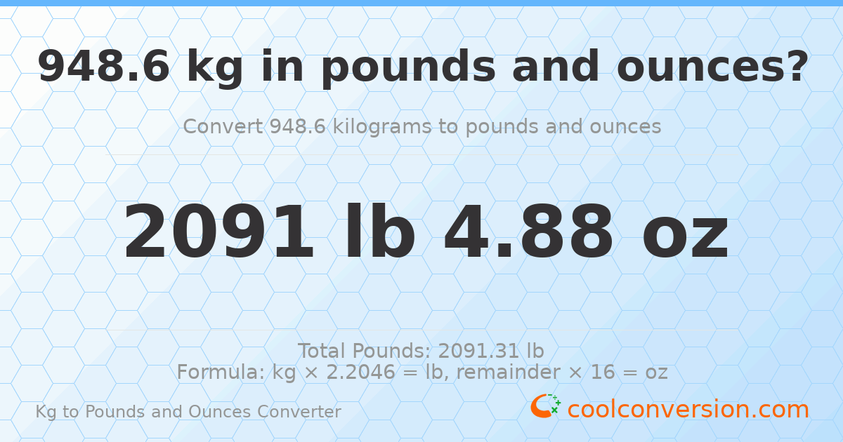 948.6 kg to lbs and oz — 948.6 kg = 2091 lb 4.88 oz